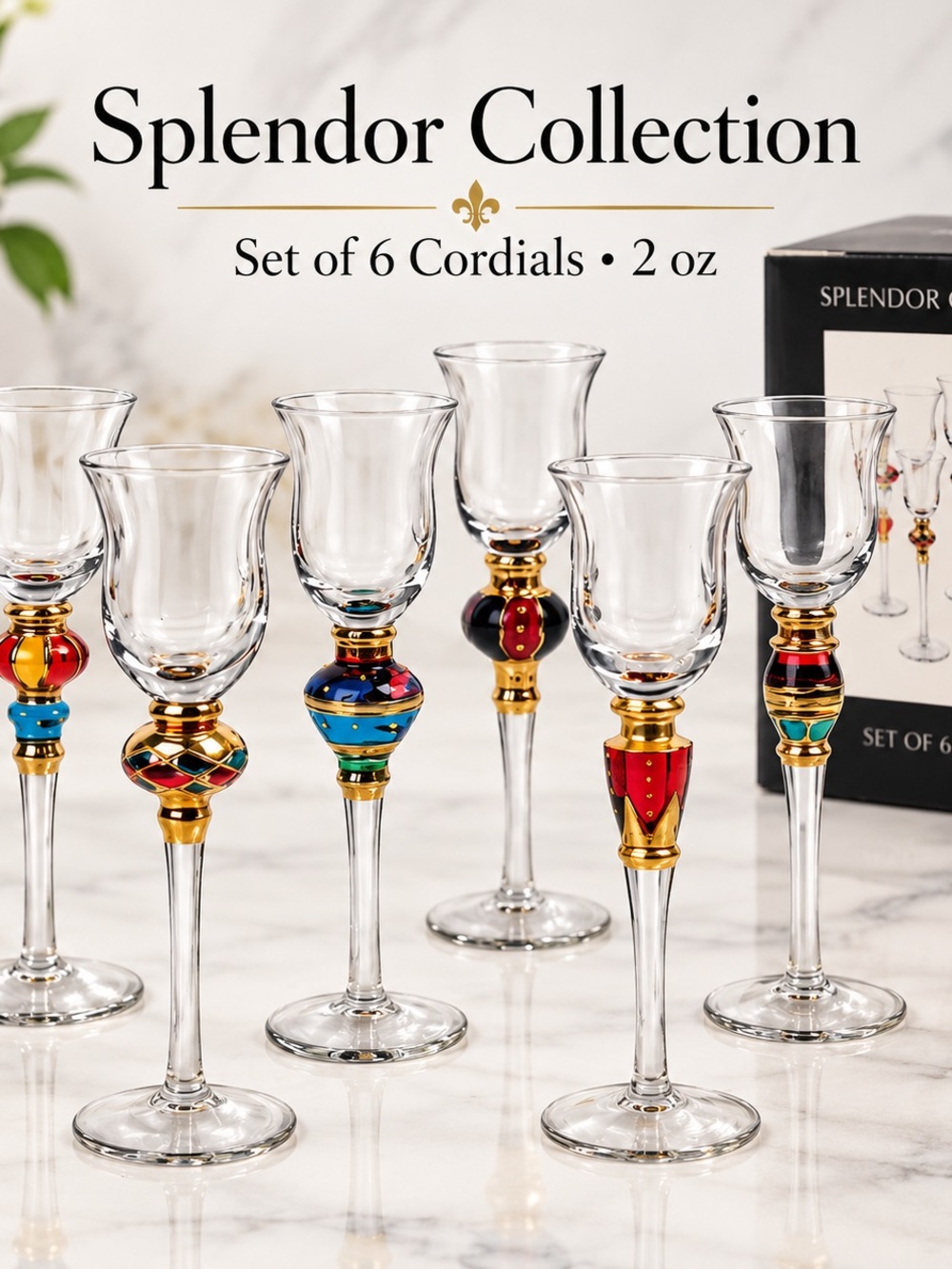 Set of 6 Cordial Glasses with Multicolor Gold Accents 2oz - NWT NIB